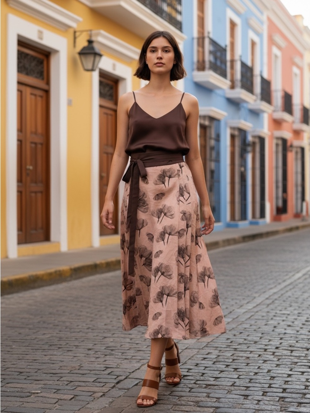 NWT Nekane Blush Floral Midi Wrap Skirt with chocolate Brown Waist Tie